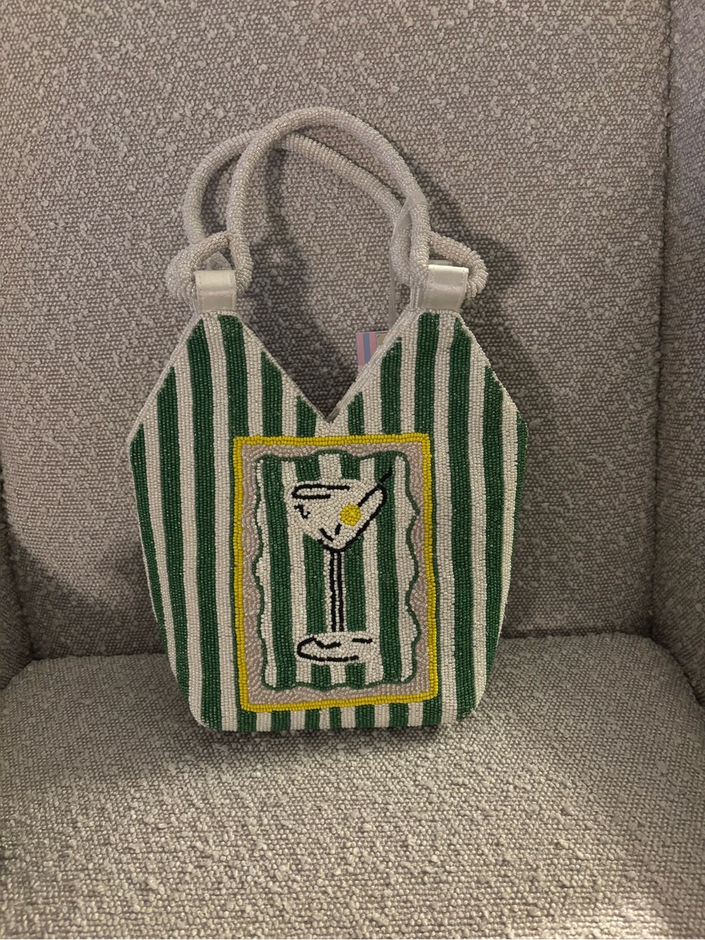 Green Striped Beaded Tote Bag with Lemon Motif